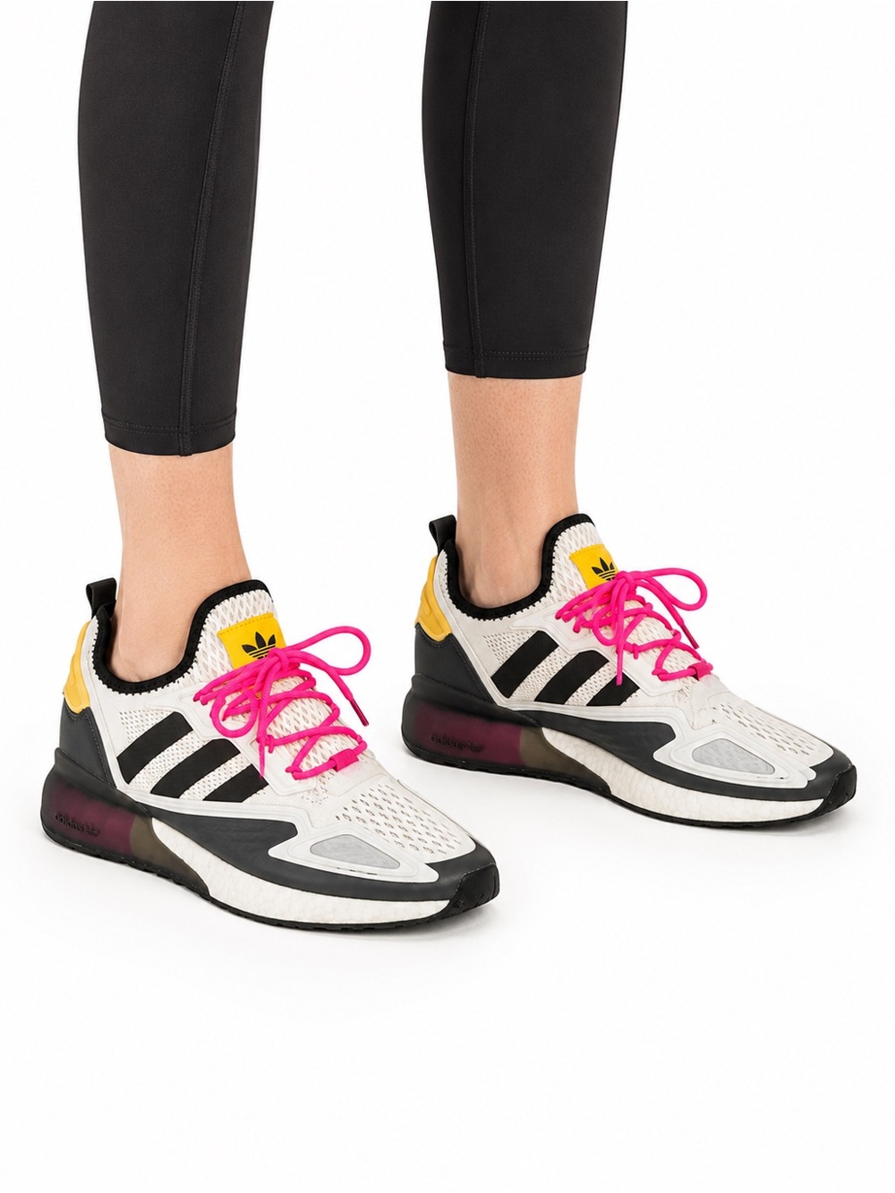 Size 8 Adidas Women’s Ninja ZX 2K Boost Sneakers White Black Pink Yellow FZ0481